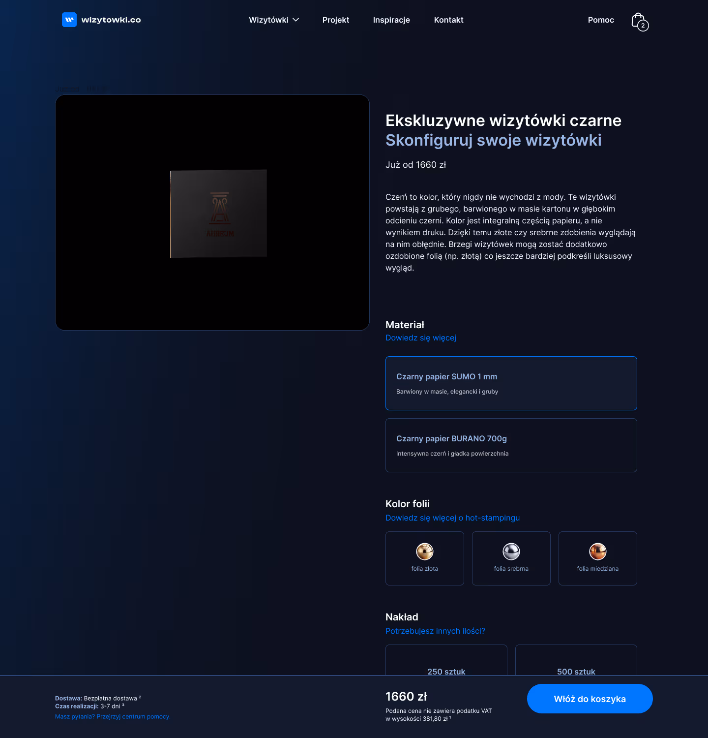 Website design for Wizytowki.co - an e-commerce store offering exclusive business cards and print products.