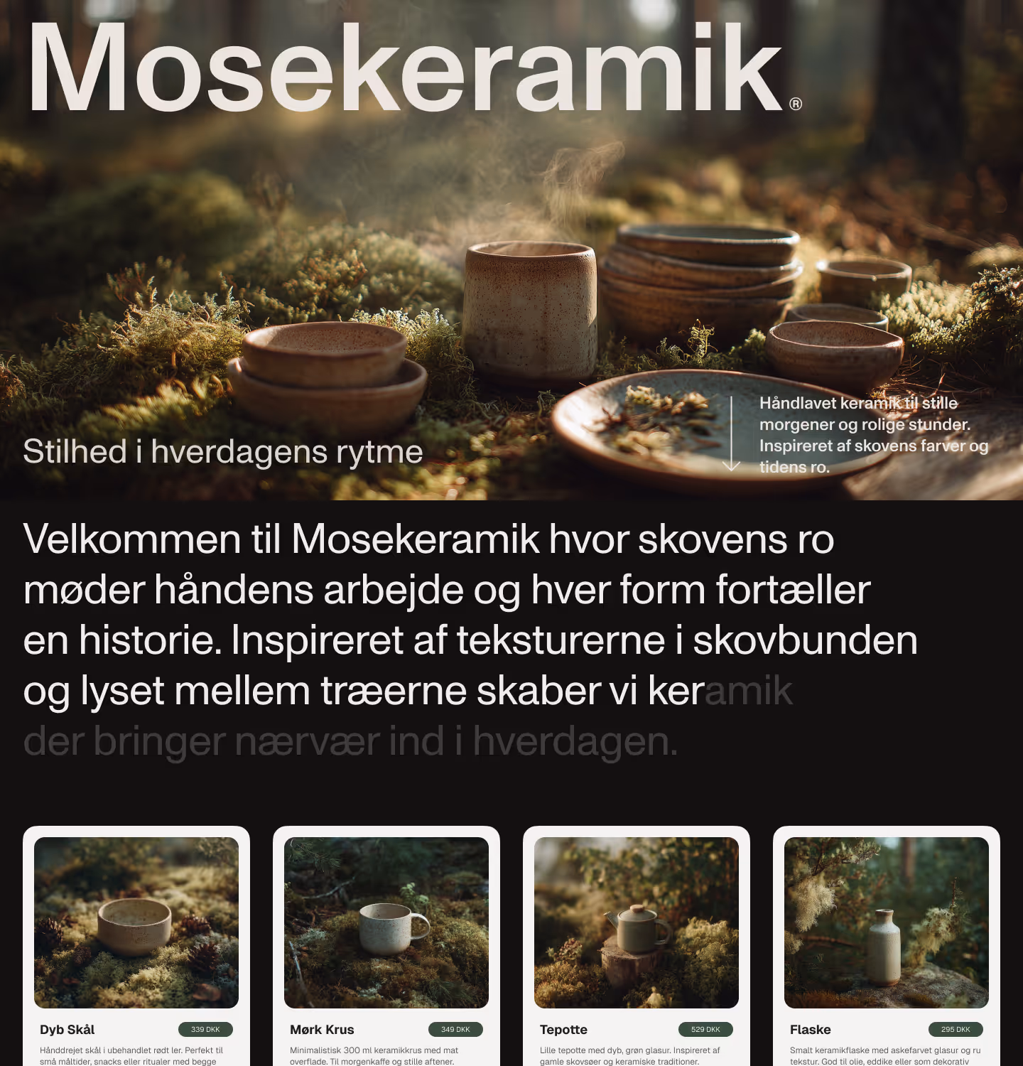 Website design for Mosekeramik - a Danish online store with handcrafted ceramics inspired by forest aesthetics.